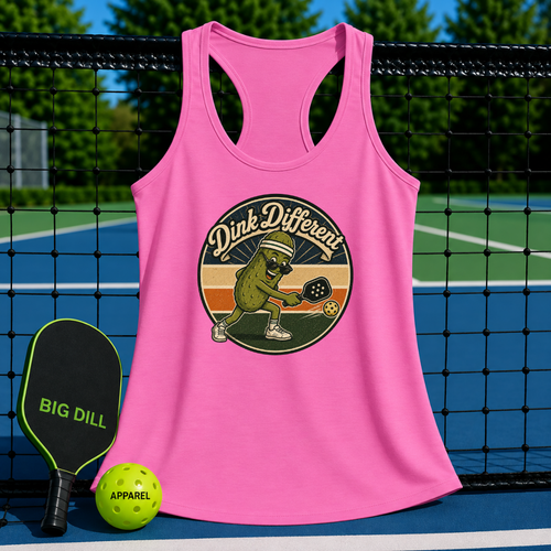 Pink racerback tank top featuring a retro pickleball graphic with a pickle character on a pickleball court background.