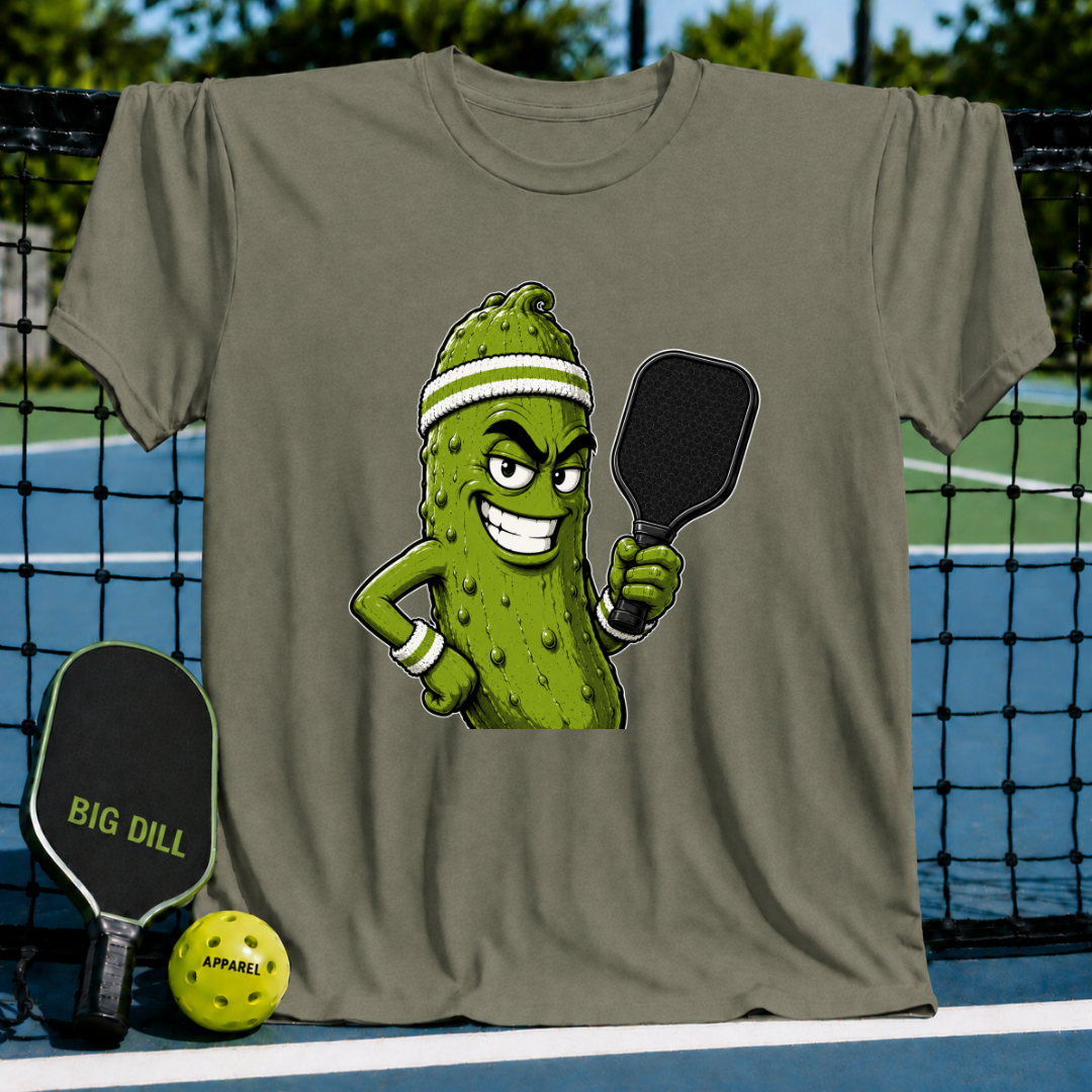 Military olive green unisex t-shirt featuring a smirking pickle character with a sweatband and a pickleball paddle.