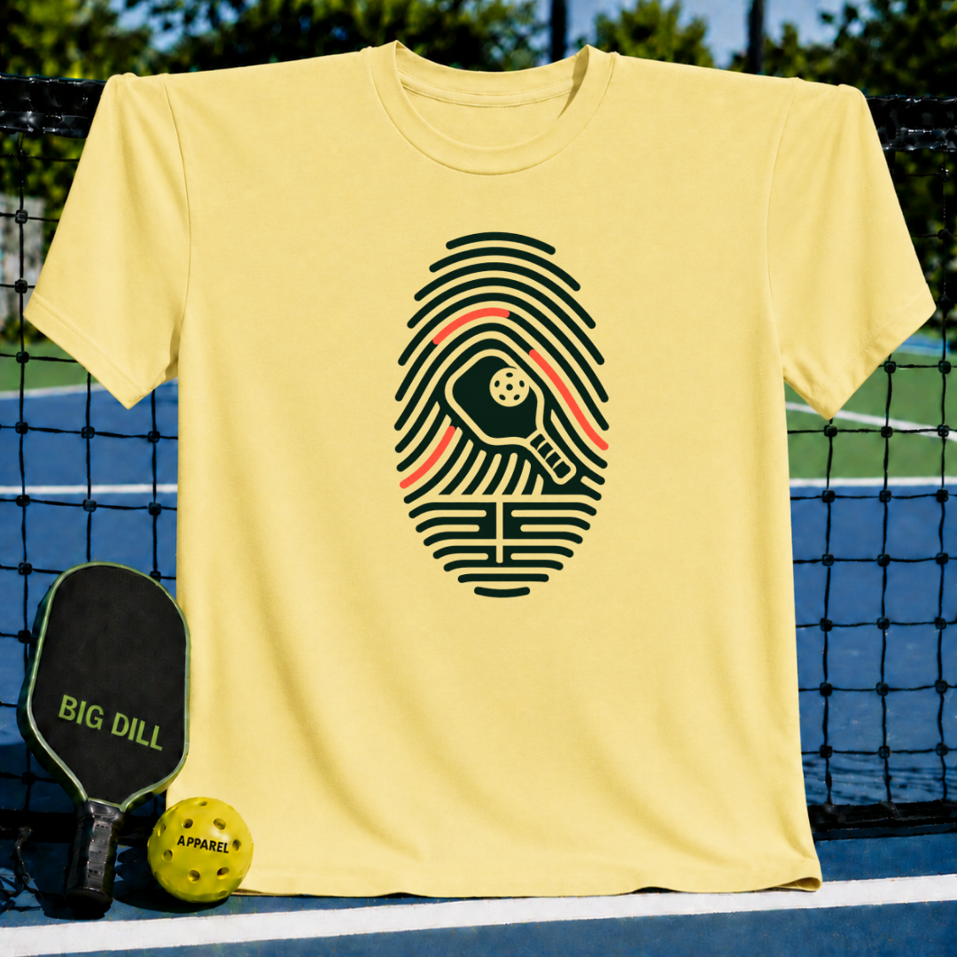 Light yellow crew neck t-shirt featuring a dark green fingerprint graphic with a pickleball paddle design.