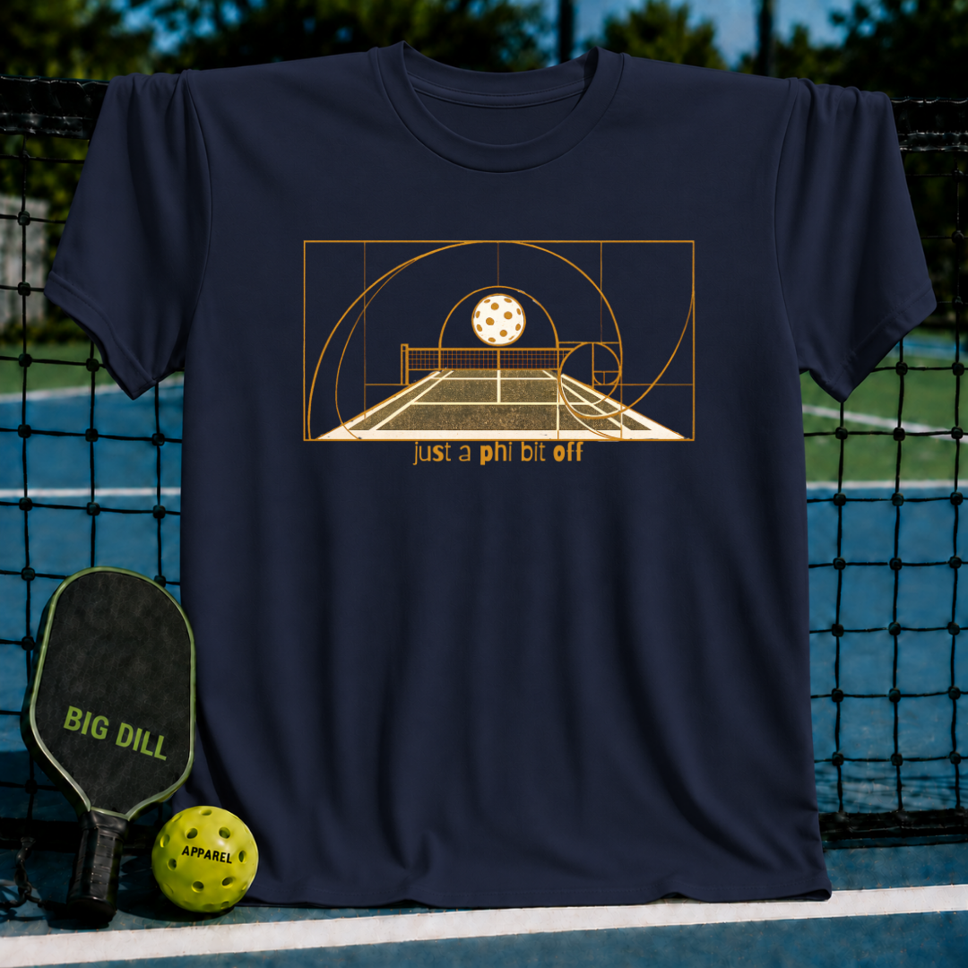 Navy unisex t-shirt featuring a golden Fibonacci spiral and pickleball court graphic with the text just a phi bit off.