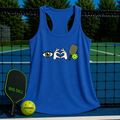 Blue racerback tank top featuring an eye, heart hands, and pickleball paddle graphic hanging on a court net.
