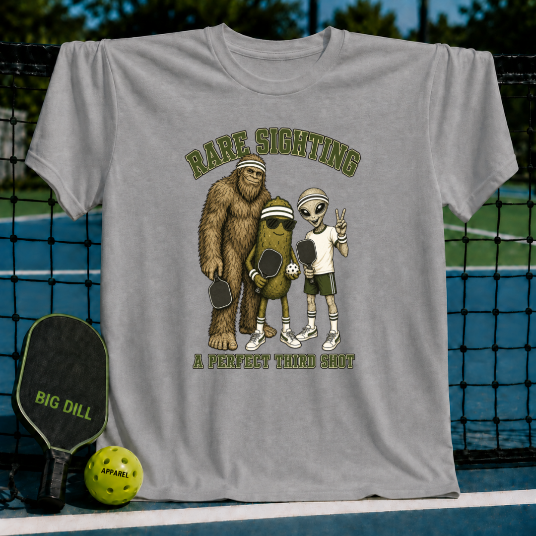 Grey crewneck t-shirt featuring a graphic of Bigfoot, a pickle, and an alien playing pickleball with text.