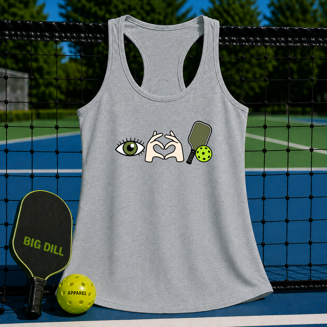 Grey racerback tank top featuring an eye, heart hands, and pickleball paddle graphic on a pickleball court background.