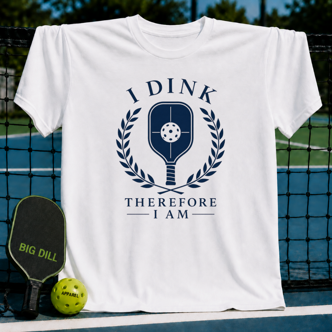 White cotton t-shirt featuring a navy blue pickleball paddle graphic and the text I Dink Therefore I Am on a court.