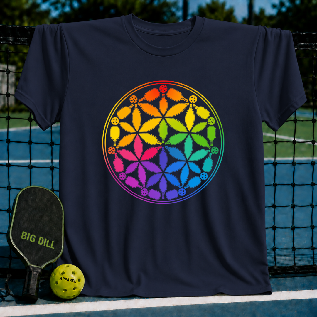 Navy blue t-shirt featuring a colorful, rainbow-gradient Flower of Life design made of pickleball paddles and balls.