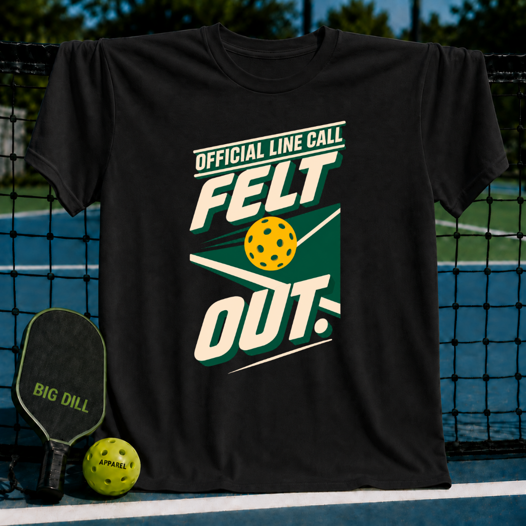 Black crewneck t-shirt featuring a green and yellow pickleball graphic with the text Official Line Call Felt Out.