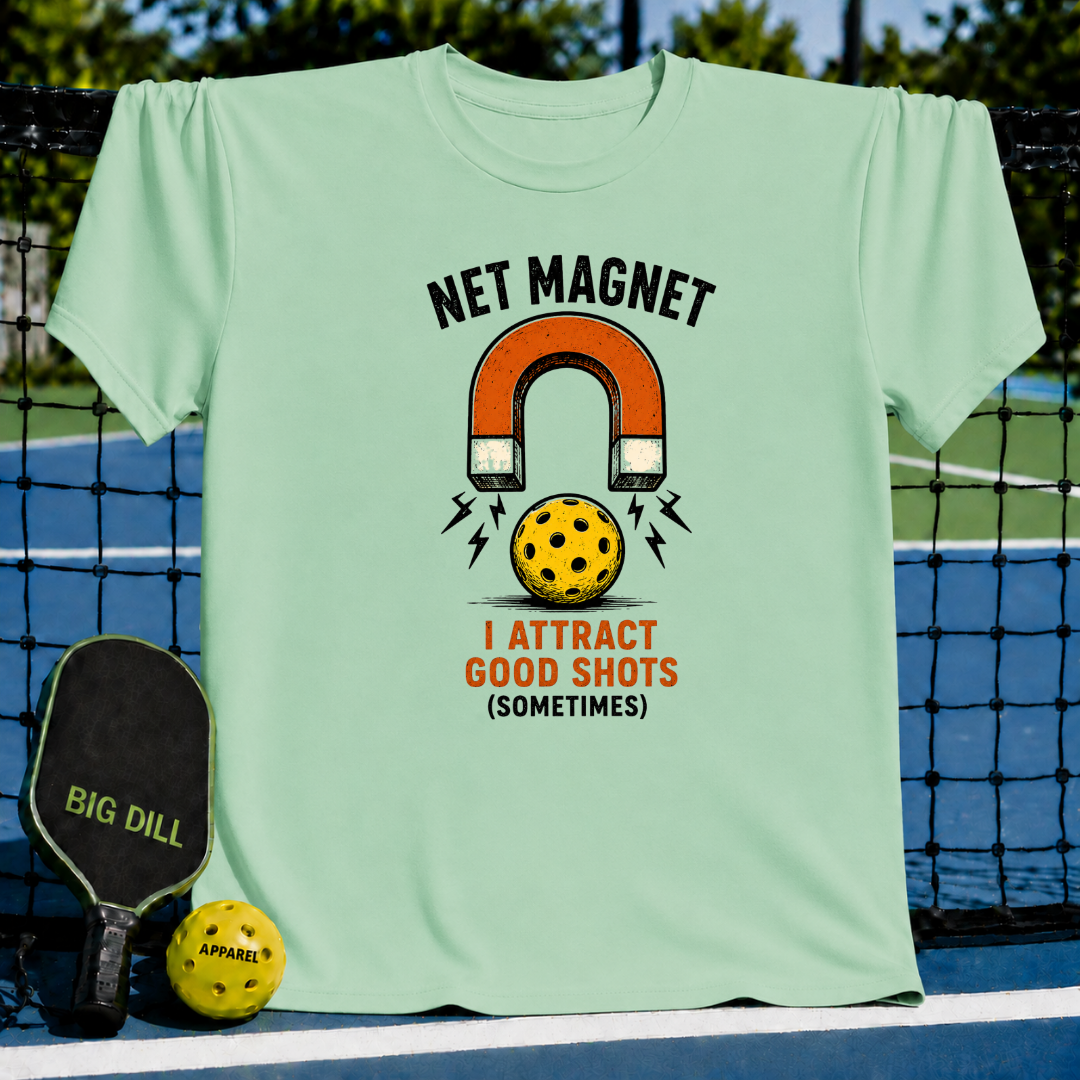 Mint green unisex t-shirt featuring a vintage horseshoe magnet and pickleball graphic with Net Magnet text.