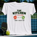 White unisex t-shirt featuring a pickleball-themed phone call graphic with red and green buttons on a court background.