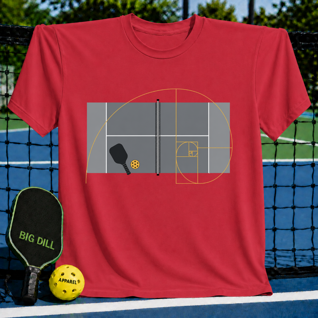 Red crewneck T-shirt featuring a golden ratio spiral graphic overlaid on a grey pickleball court design.