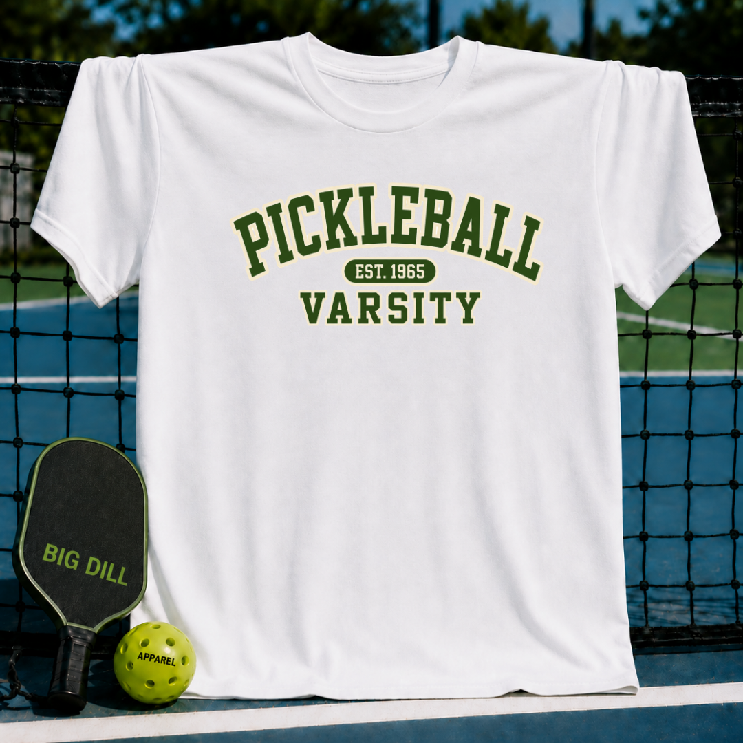 White crewneck t-shirt with green and yellow Pickleball Varsity collegiate-style graphic print on a pickleball court.