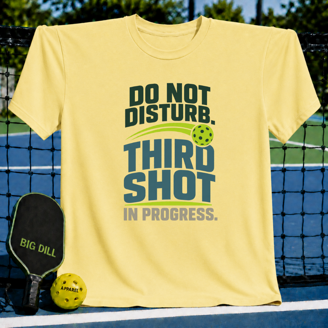 Light yellow cotton t-shirt featuring green and grey Do Not Disturb Third Shot pickleball graphic text.