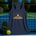 Navy blue racerback tank top featuring a gold geometric pickleball court graphic and the text Just a phi bit off.