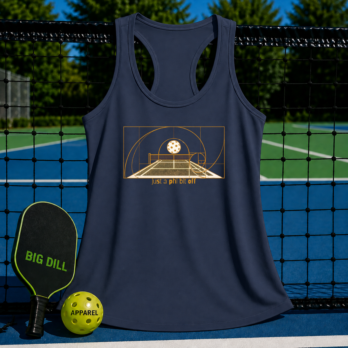 Navy blue racerback tank top featuring a gold geometric pickleball court graphic and the text Just a phi bit off.