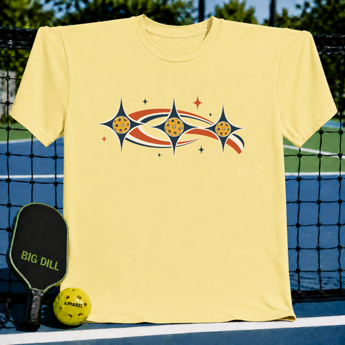 Soft yellow unisex t-shirt featuring a retro celestial pickleball graphic with orbiting stars on a pickleball court background.