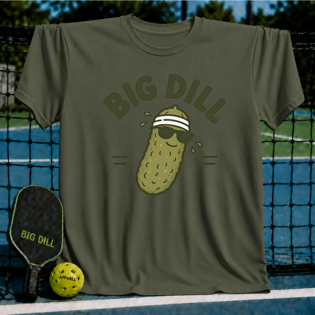 Olive green unisex t-shirt featuring a cartoon pickle wearing sunglasses and a sweatband with Big Dill text.