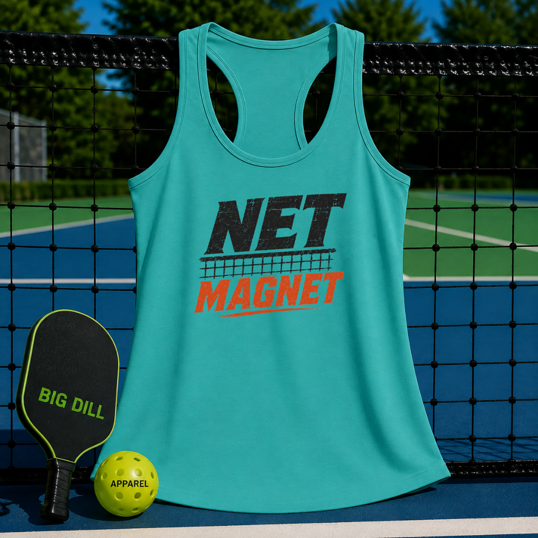 Teal racerback tank top featuring a Net Magnet graphic, displayed on a pickleball court with a paddle and ball.