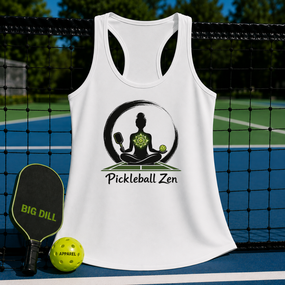 White racerback tank with Pickleball Zen yoga graphic, displayed on a pickleball court with a paddle and ball.