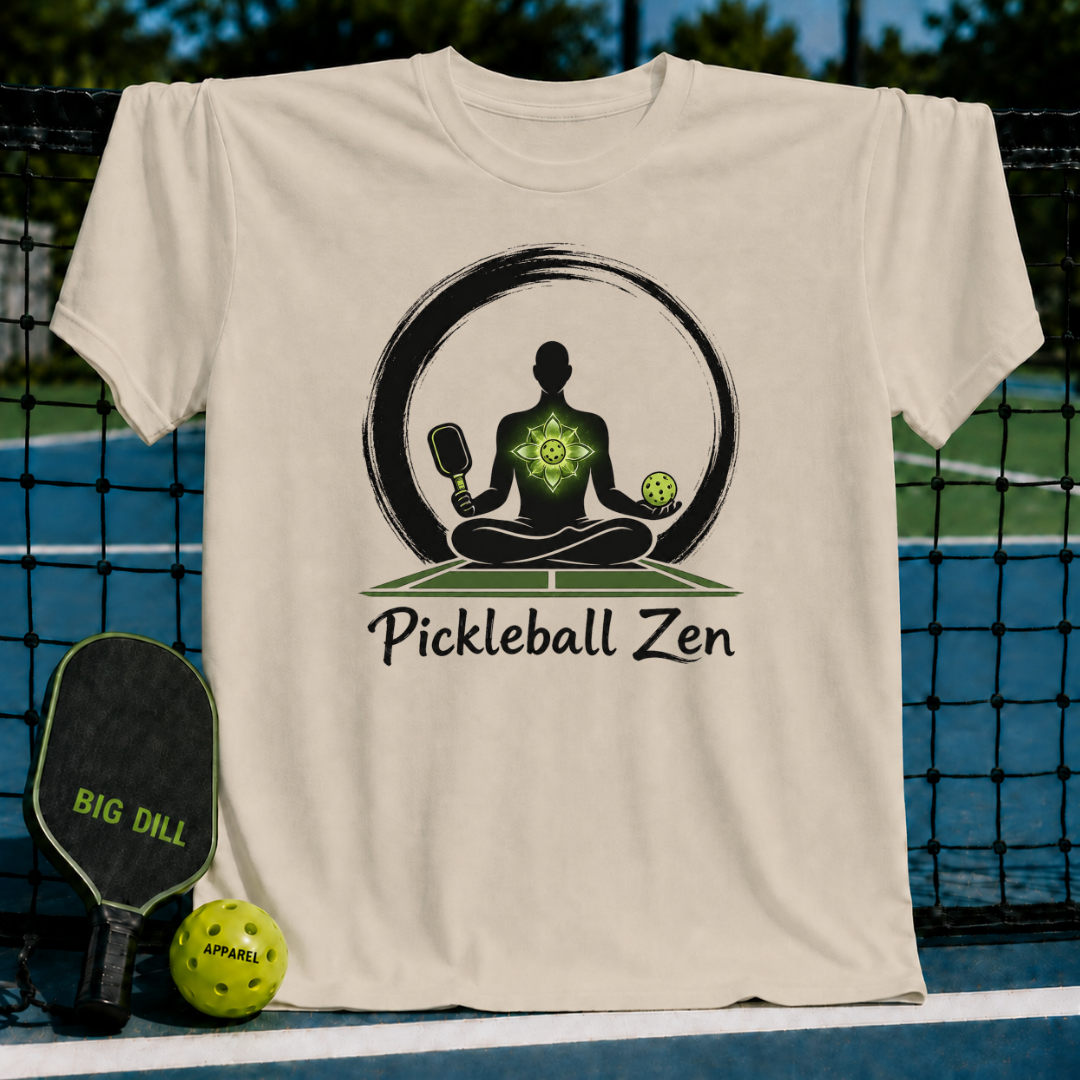 Beige crewneck t-shirt featuring a meditating figure with a pickleball paddle and ball, set against a pickleball court background.
