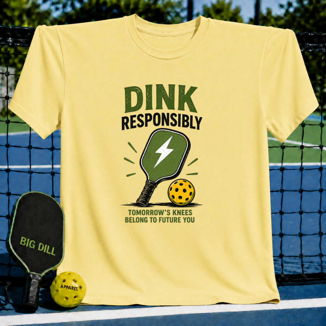 Bright yellow unisex t-shirt featuring a distressed green pickleball paddle and ball graphic with Dink Responsibly text.