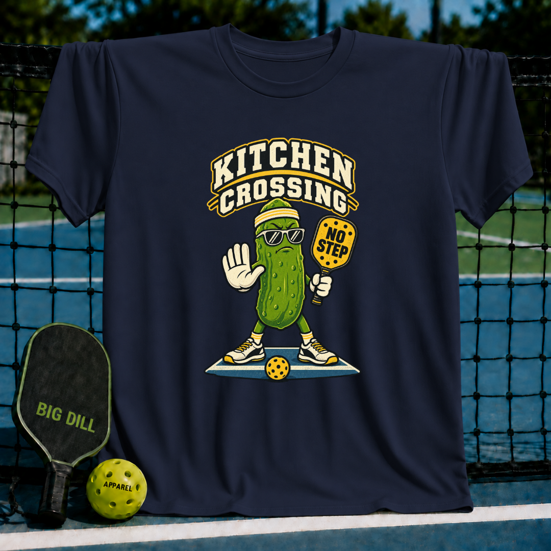 Navy blue crewneck t-shirt featuring a cartoon pickle wearing sunglasses and holding a No Step pickleball paddle.