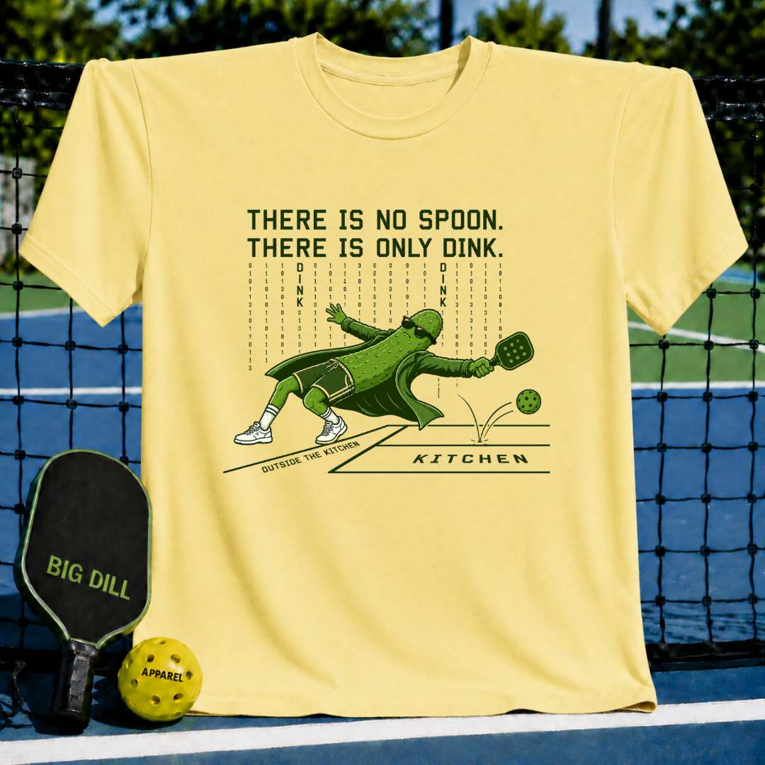 Light yellow unisex t-shirt featuring a green pickle warrior diving to dink a pickleball on a court graphic.