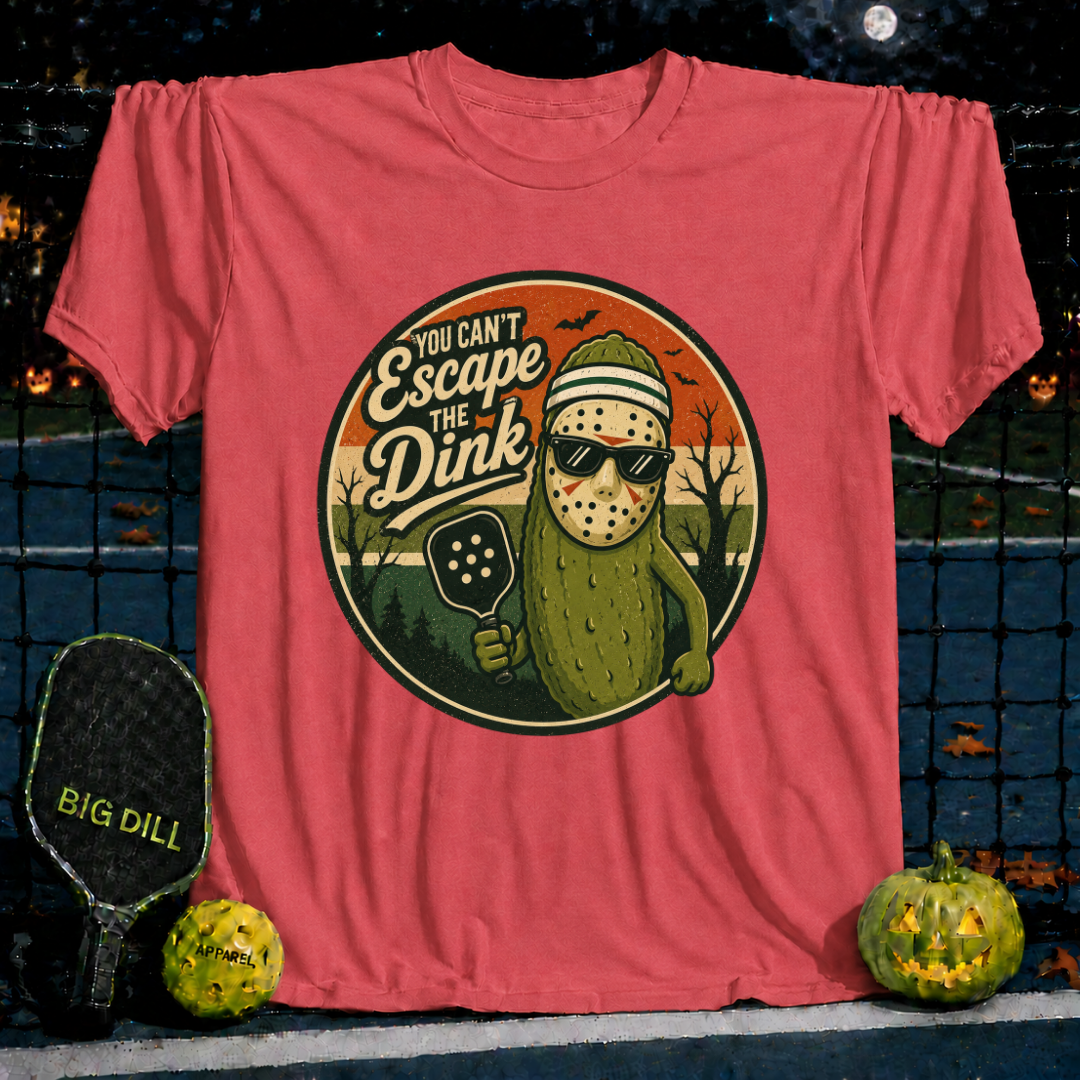Heather red unisex pickleball t-shirt featuring a spooky pickle character wearing a hockey mask and sunglasses.