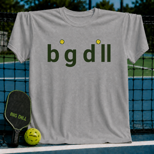Heather gray unisex t-shirt featuring a minimalist Big Dill wordmark with yellow pickleballs as the dots over the i's.