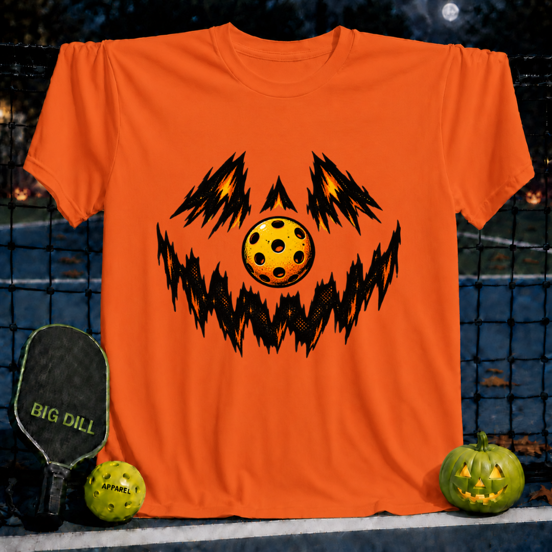 Bright orange crew neck t-shirt featuring a spooky jack-o'-lantern face design with a yellow pickleball as the nose.