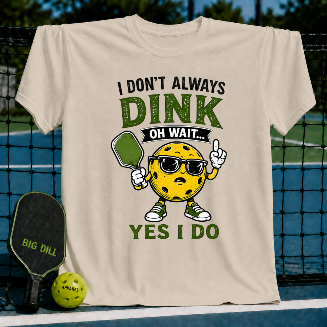 Cream-colored crew neck t-shirt featuring a cartoon pickleball character wearing sunglasses and holding a paddle.