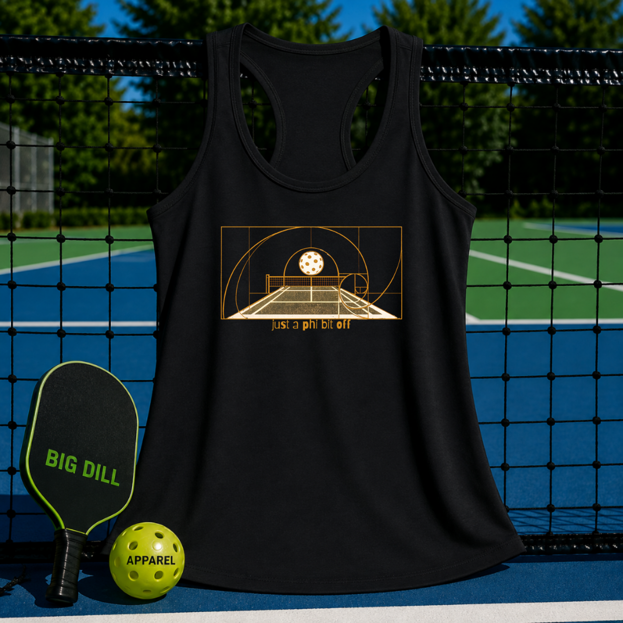 Black racerback tank featuring a gold geometric pickleball court graphic and the text Just a phi bit off.