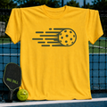 Daisy yellow unisex Hyper Dink t-shirt featuring a minimalist dark green pickleball graphic with motion lines on a court.