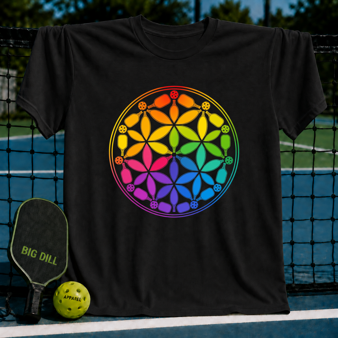 Black t-shirt featuring a vibrant rainbow Flower of Life design made from colorful pickleball paddles and balls.