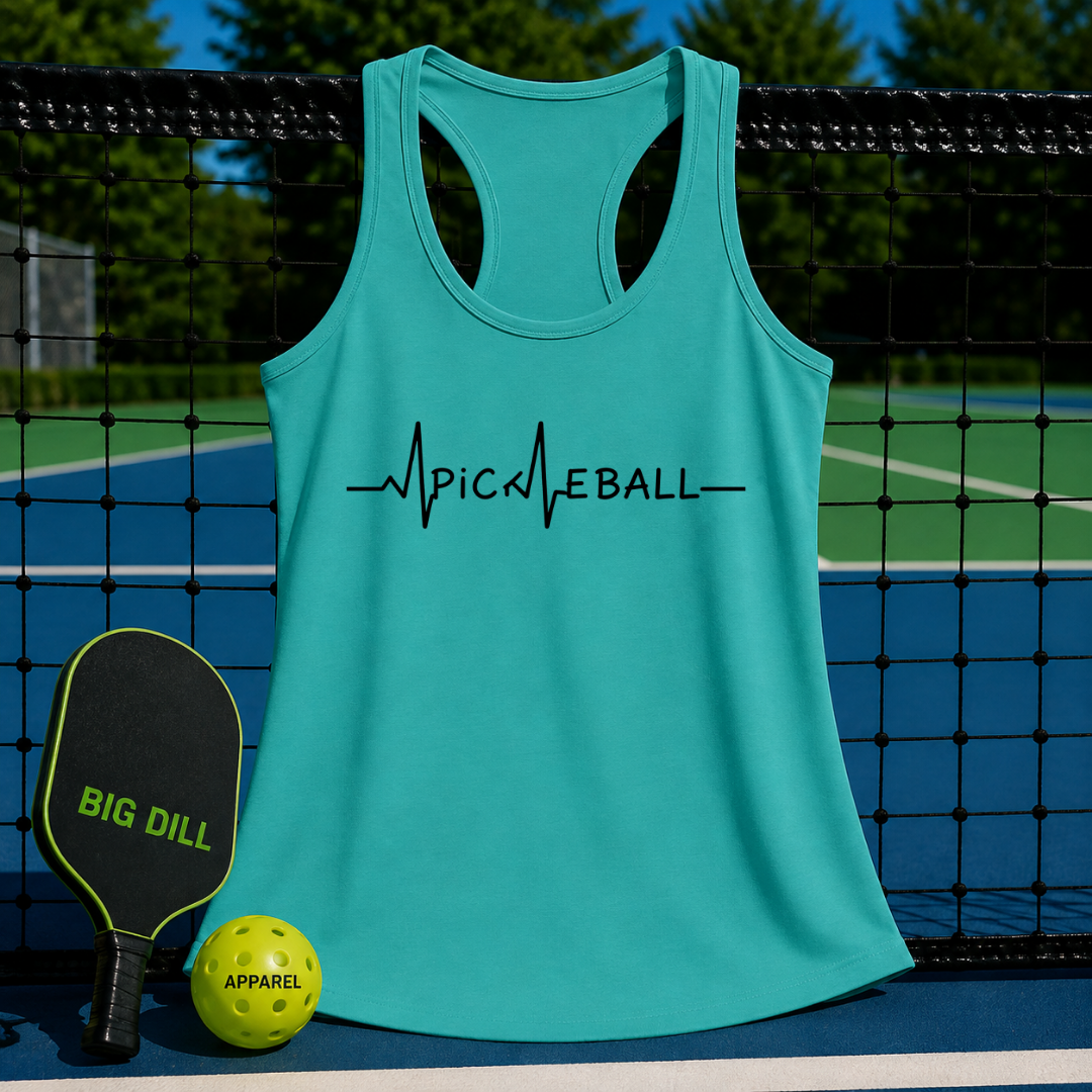 Teal racerback tank with black EKG pickleball graphic, displayed on a court with a paddle and ball.