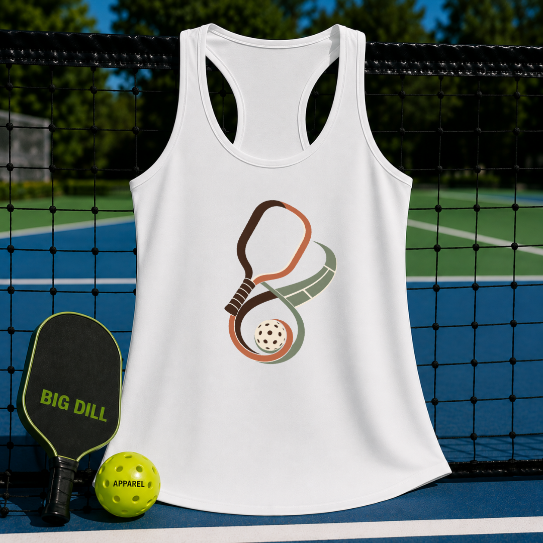 White racerback tank top with a retro pickleball paddle and ball graphic, displayed on a pickleball court net.