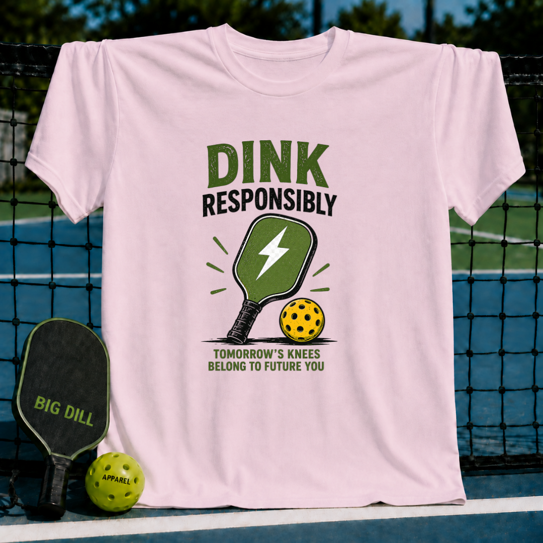 Light pink unisex t-shirt featuring a distressed Dink Responsibly graphic with a green pickleball paddle and yellow ball.