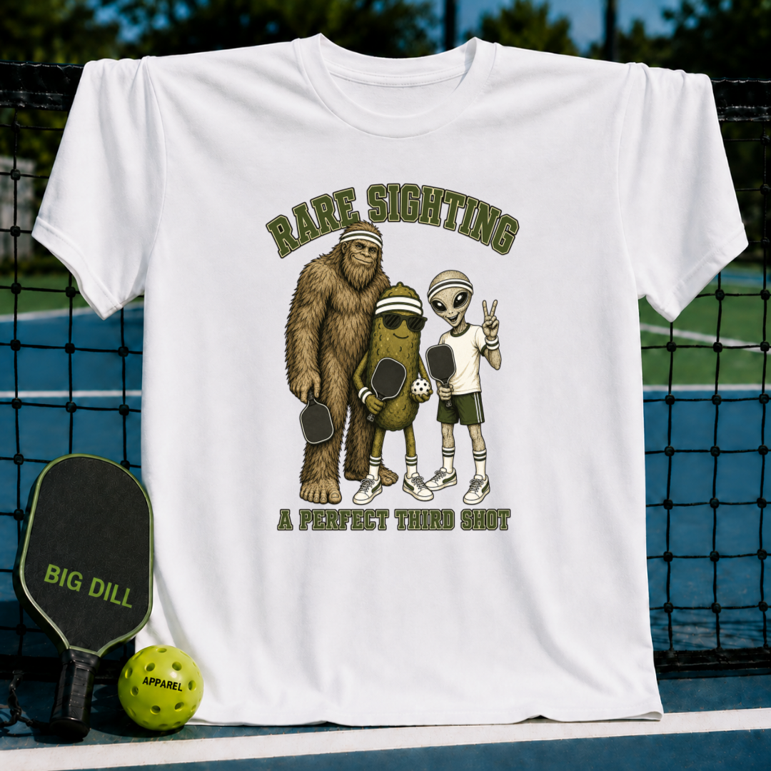 White cotton t-shirt featuring a graphic of Bigfoot, an alien, and a pickle playing pickleball with text.