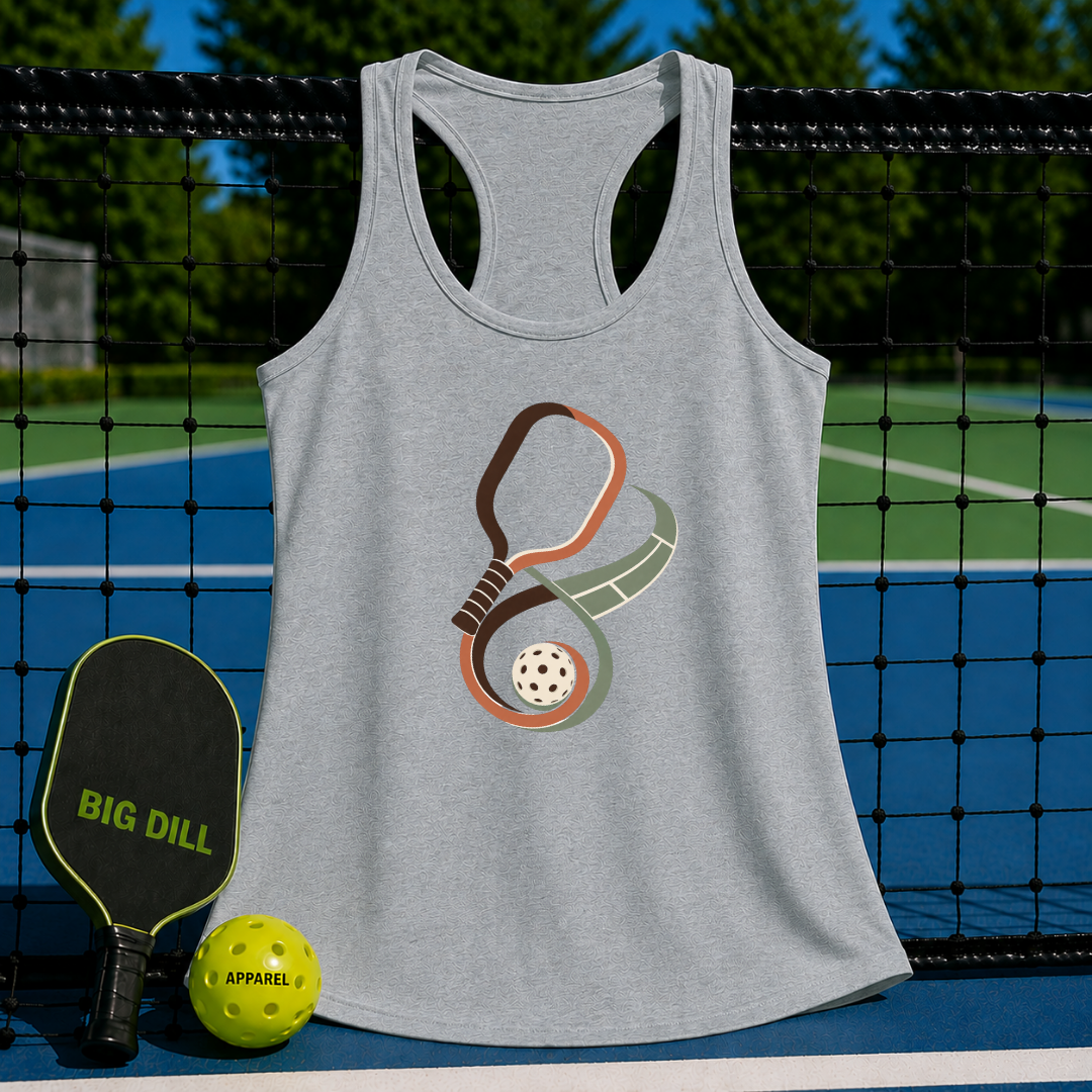 Grey racerback tank top with a retro pickleball graphic, displayed on a pickleball court with a paddle and ball.