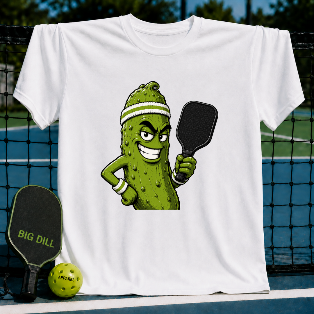 White unisex t-shirt featuring a smirking pickle character with a sweatband and pickleball paddle.
