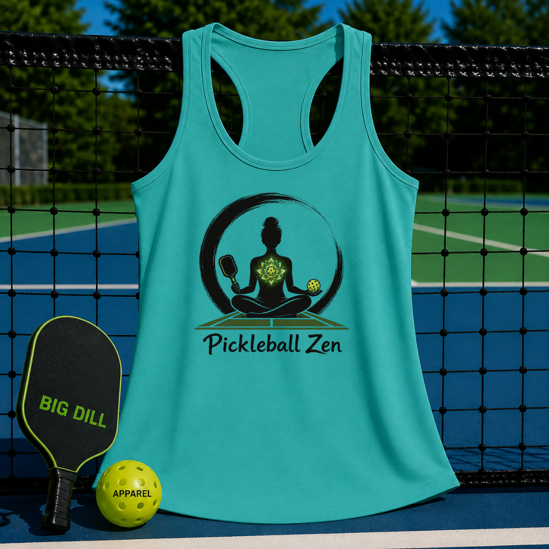 Teal racerback tank with a Pickleball Zen yoga graphic, displayed on a pickleball court with a paddle and ball.