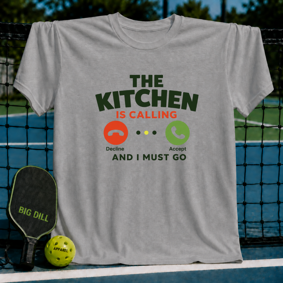 Grey unisex t-shirt featuring a pickleball phone call graphic with accept and decline buttons on a court background.