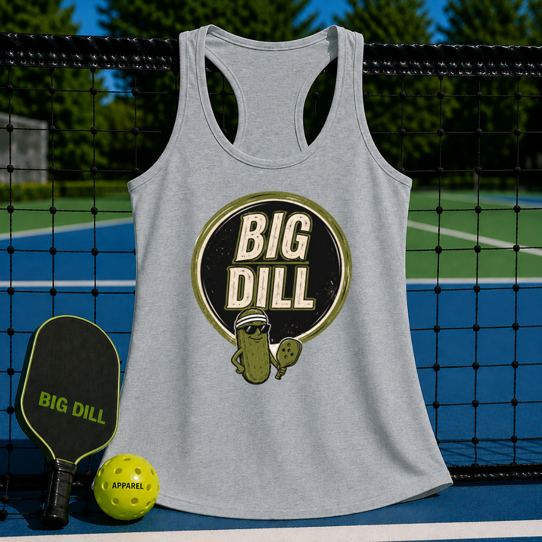 Grey racerback tank top featuring a retro Big Dill pickle graphic, displayed on a pickleball court with paddle and ball.