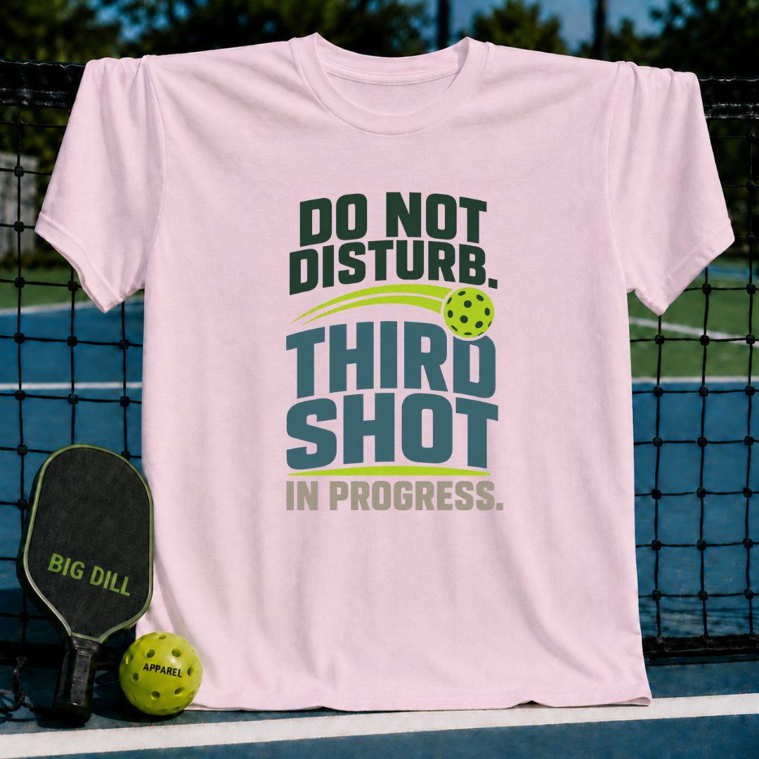 Light pink cotton T-shirt featuring a green and blue Do Not Disturb Third Shot pickleball graphic design.