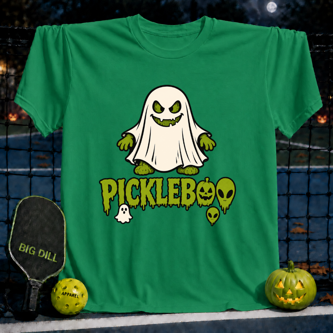 Kelly green unisex PickleBoo t-shirt featuring a spooky ghost pickleball graphic with text on a pickleball court background.