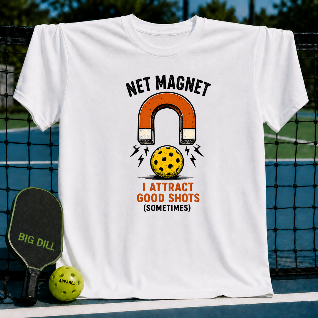 White unisex t-shirt featuring a vintage horseshoe magnet and pickleball graphic with Net Magnet text on a pickleball court.