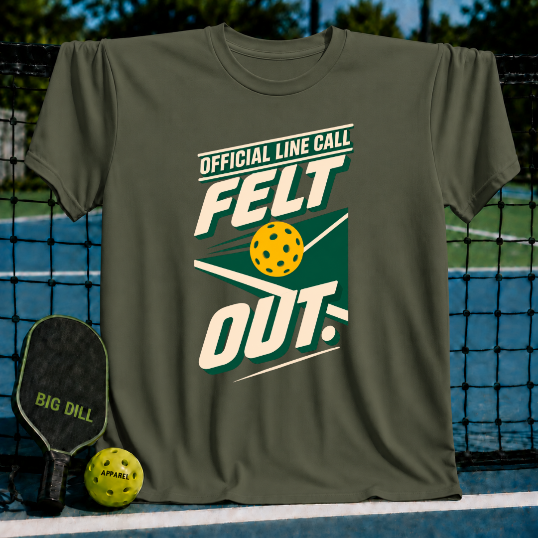 Olive green crewneck t-shirt featuring a yellow pickleball graphic and Official Line Call Felt Out text design.