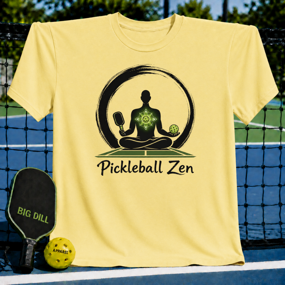 Light yellow crew neck t-shirt featuring a black Zen meditation graphic with a pickleball paddle and ball on a court.