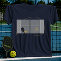 Navy blue crewneck T-shirt featuring a golden ratio spiral graphic over a pickleball court diagram.
