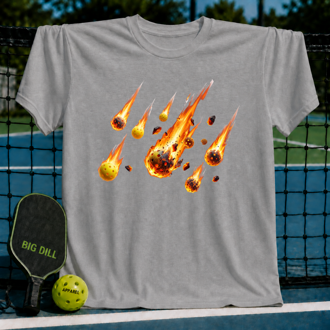 Grey unisex t-shirt featuring a flaming pickleball meteor shower graphic, displayed on a pickleball court with a paddle.