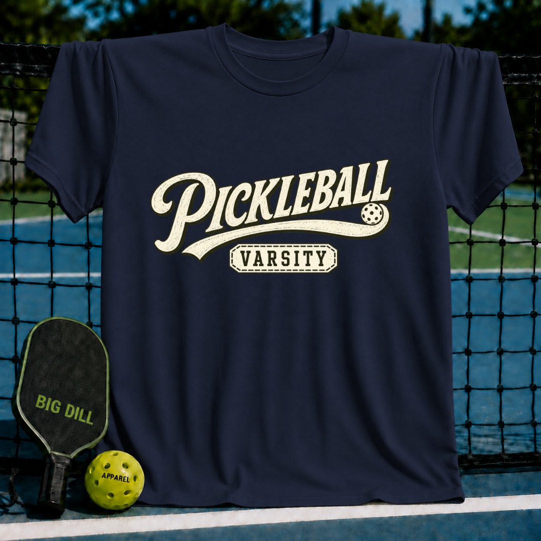 Navy blue crewneck t-shirt featuring a vintage-style white Pickleball Varsity graphic, displayed on a pickleball court.
