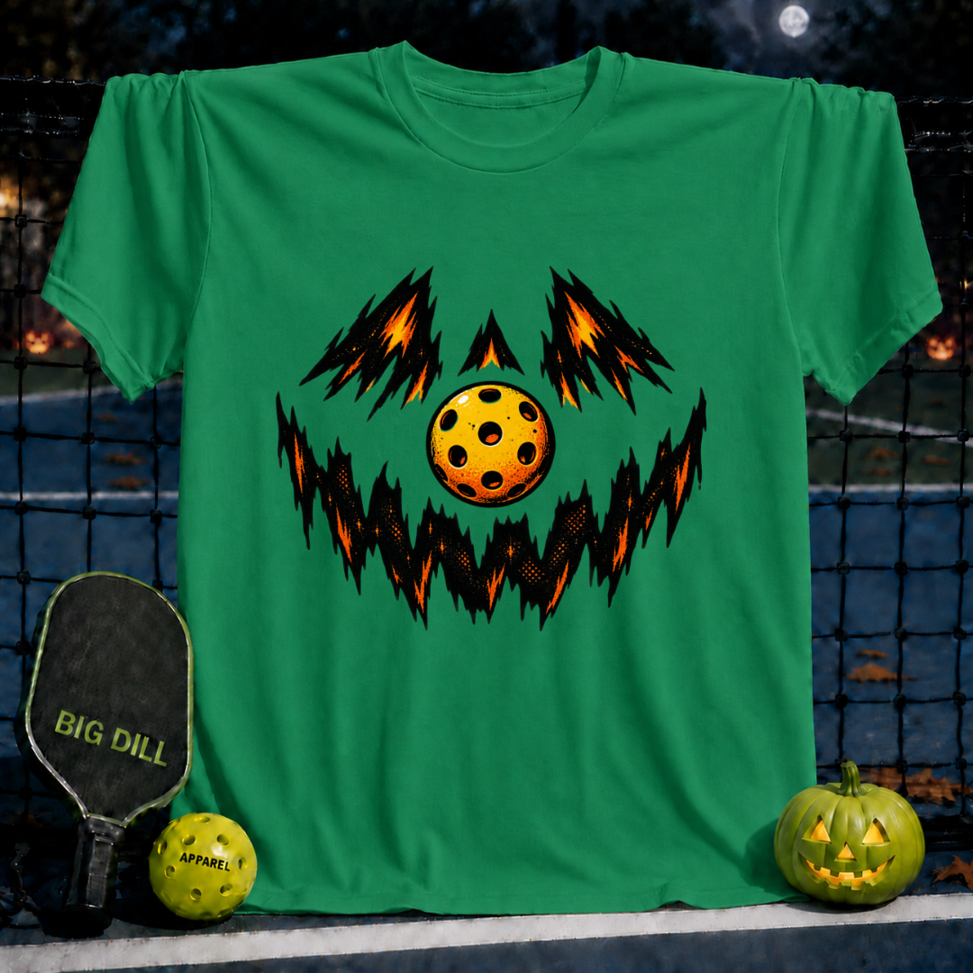 Green crewneck t-shirt featuring a spooky jack-o'-lantern face design with a yellow pickleball as the nose.